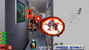 A screenshot from 'Area 51' showing a bug-like alien getting shot.