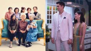 a splitscreen image of the poster of lulu wang's the farewell on the left and a still of henry golding and constance wu in crazy rich asians on the right