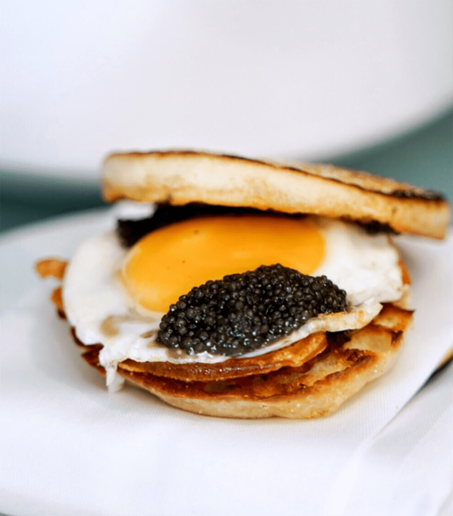 Beluga Bacon & Egg Muffin, Siberian Sturgeon Caviar from HUSO at Marky's on Madison