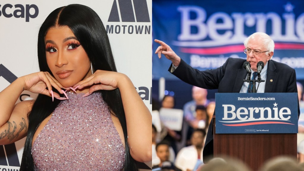 a splitscreen image with cardi b in a pink dress on the left and bernie sanders at a podium on the right