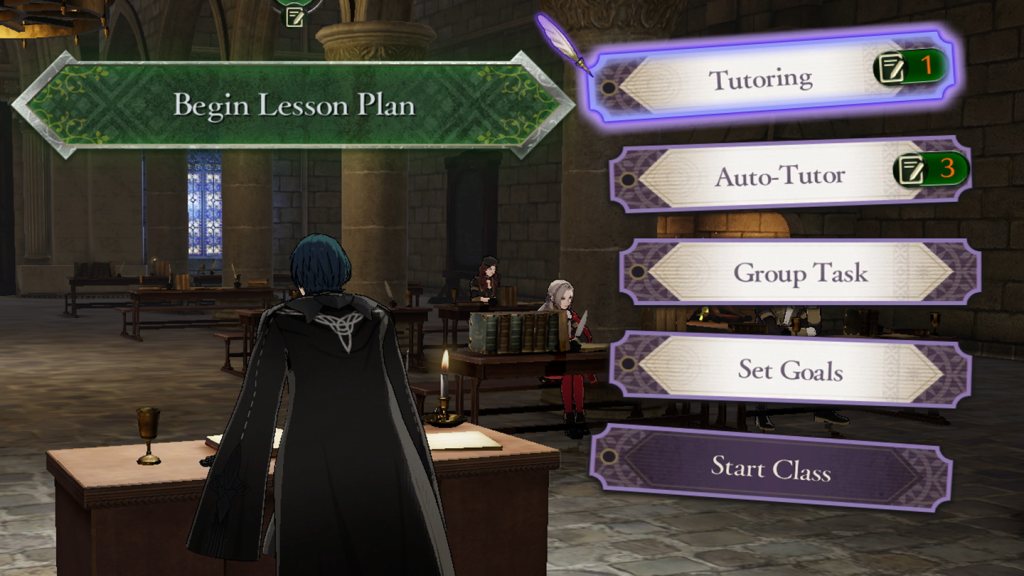 Screenshot from Fire Emblem: Three Houses. On the left, your main character leaning over a desk at the front of a classroom, while on the right side of the screen there's the menu options "Tutoring" "Auto Tutor" "Group Task" "Set Goals" and "Start Class"