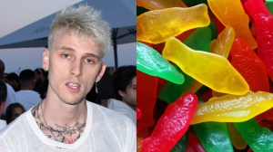 a splitscreen image with rapper machine gun kelly on the left, an assortment of yellow, green, and red swedish fish on the right