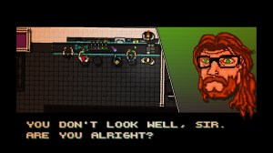 A clerk in a store asks the character in Hotline Miami whether he's alright, highlighting Jacket's instability.