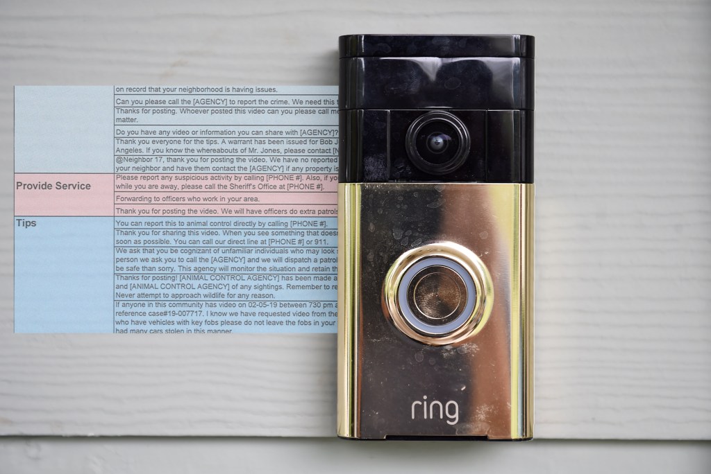 A gold-plated Ring doorbell camera and a standardized Ring comment document obtained by Motherboard.