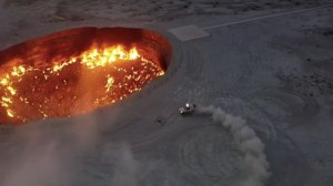 Turkmeni president Gurbanguly Berdymukhamedov doing doughnuts next to a flaming crater