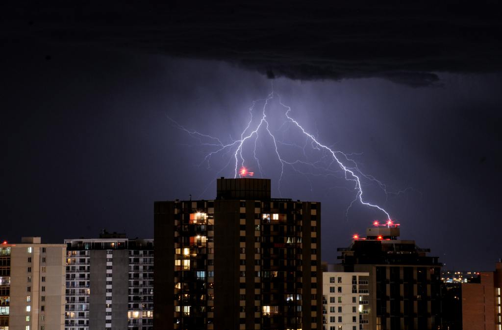 Lightning strikes a building