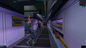 Zombie hybrids in System Shock 2 charge through the narrow hallways of an empty spaceship.