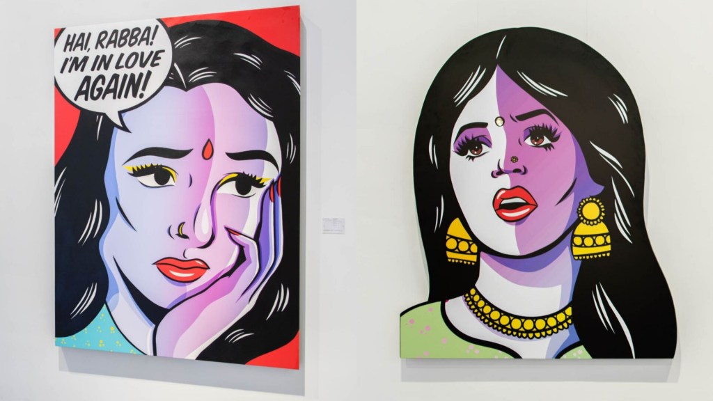 a splitscreen image of two maria qamar (@hatecopy) paintings in the show "Fraaaandship!" at the richard taittinger gallery