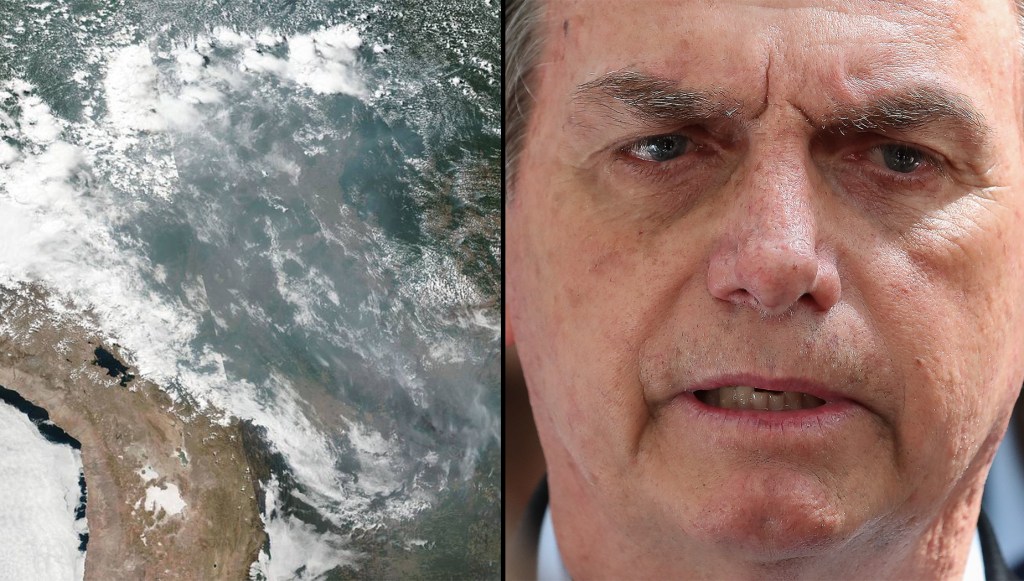 Sattelietbeeld uit de Amazone en de Braziliaanse president Jair Bolsonaro