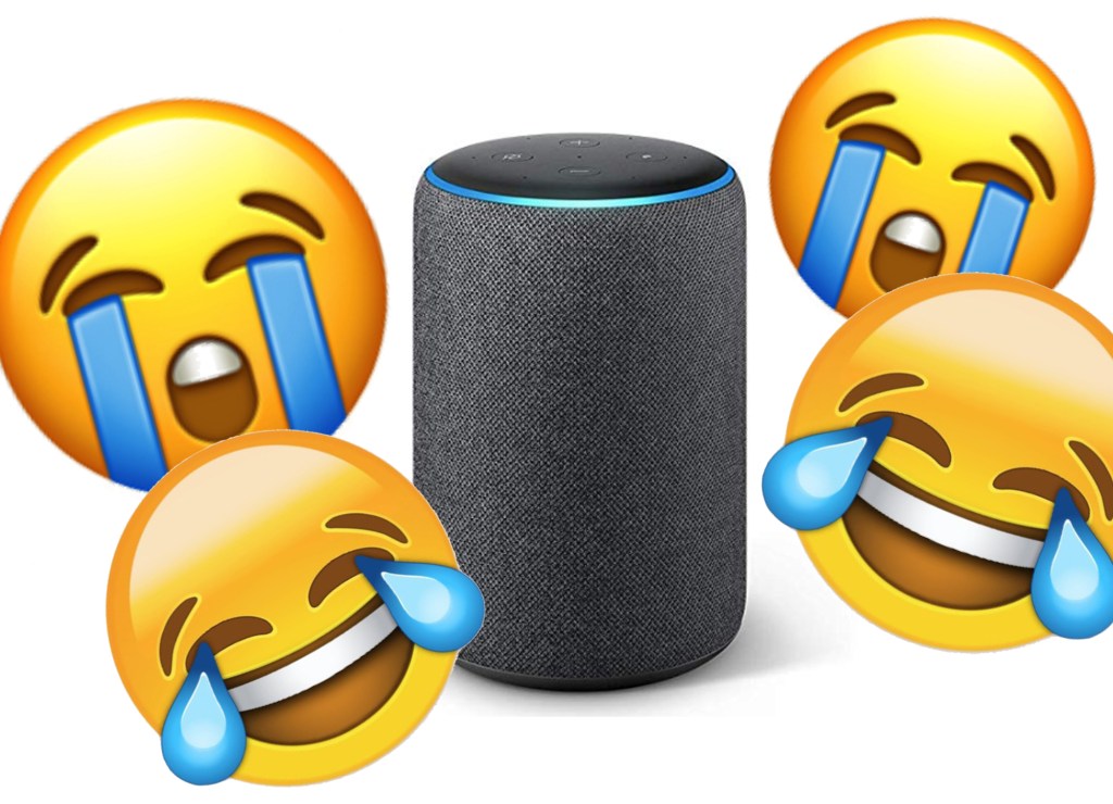 An Amazon Echo device surrounded by laughing and crying emoji.