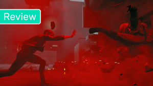 Jesse Faden hurls an enemy in Remedy's Control, the image tagged with a review logo