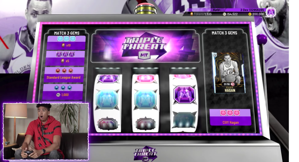 A screenshot showing a slot machine in an NBA 2K20 MyTEAM trailer