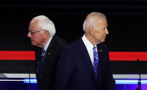 Bernie Sanders onstage with Joe Biden.