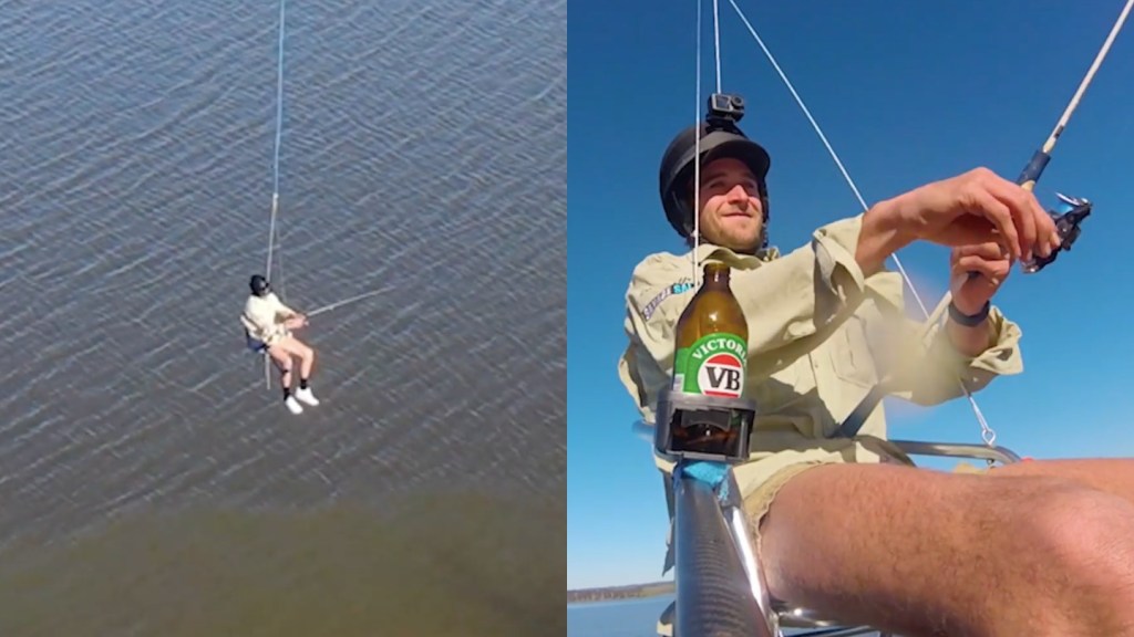 Man fishing while hanging from drone