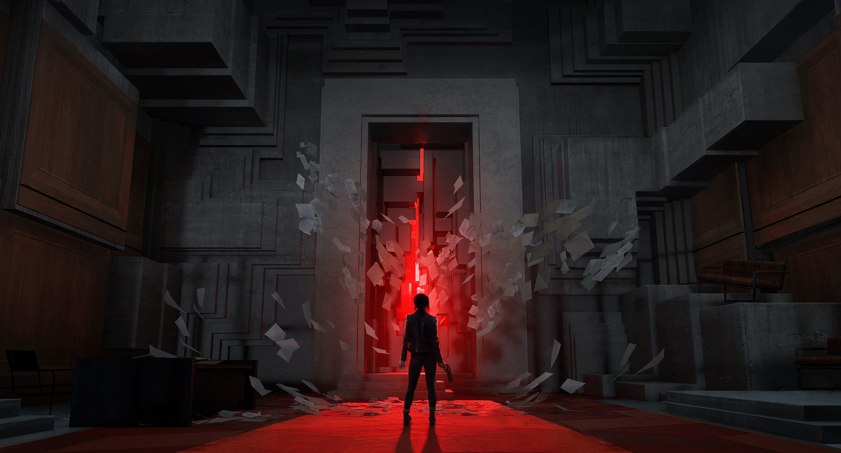 A lone figure is silhouetted against a red doorway sealed with stone and unholy red light breaking through in Remedy's Control