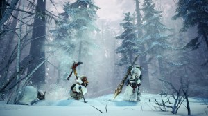 Screenshot from Monster Hunter World: Iceborne, a hunter and their palico wearing white fur coats trudge through deep snow in an icy forest.