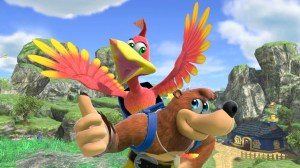 Screenshot from Super Smash Bros. Ultimate, Banjo, a bear wearing a blue backpack, gives at thumbs up while Kazooie, a red and yellow bird,