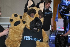 An attendee of ANE in a Vest-a-Dog shirt.