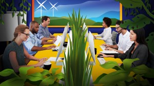 A collage of people working in an office surrounded by plants and wind turbines..