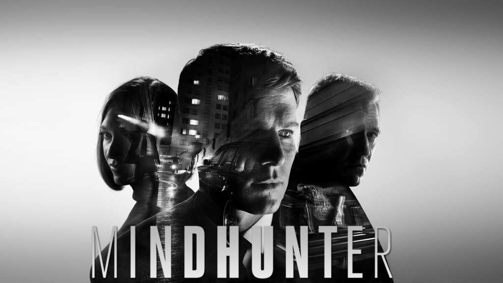 Promotional image for Mindhunter, three busts, one woman and two men, are double exposed against an image of a