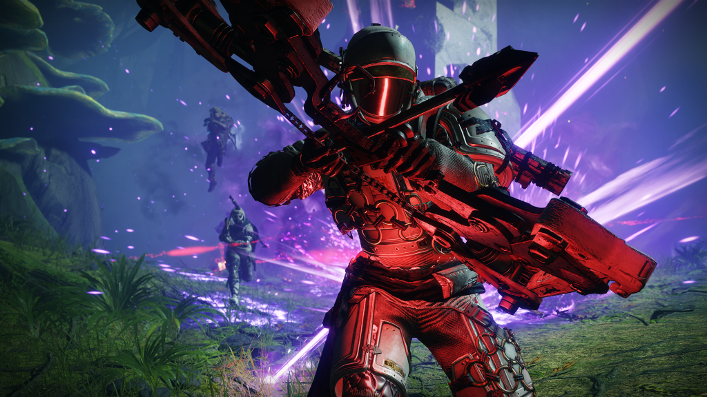 Screenshot from Destiny 2: Shadowkeep. A guardian dressed in gear resembling a NASA spacesuit wields a bow and arrow.