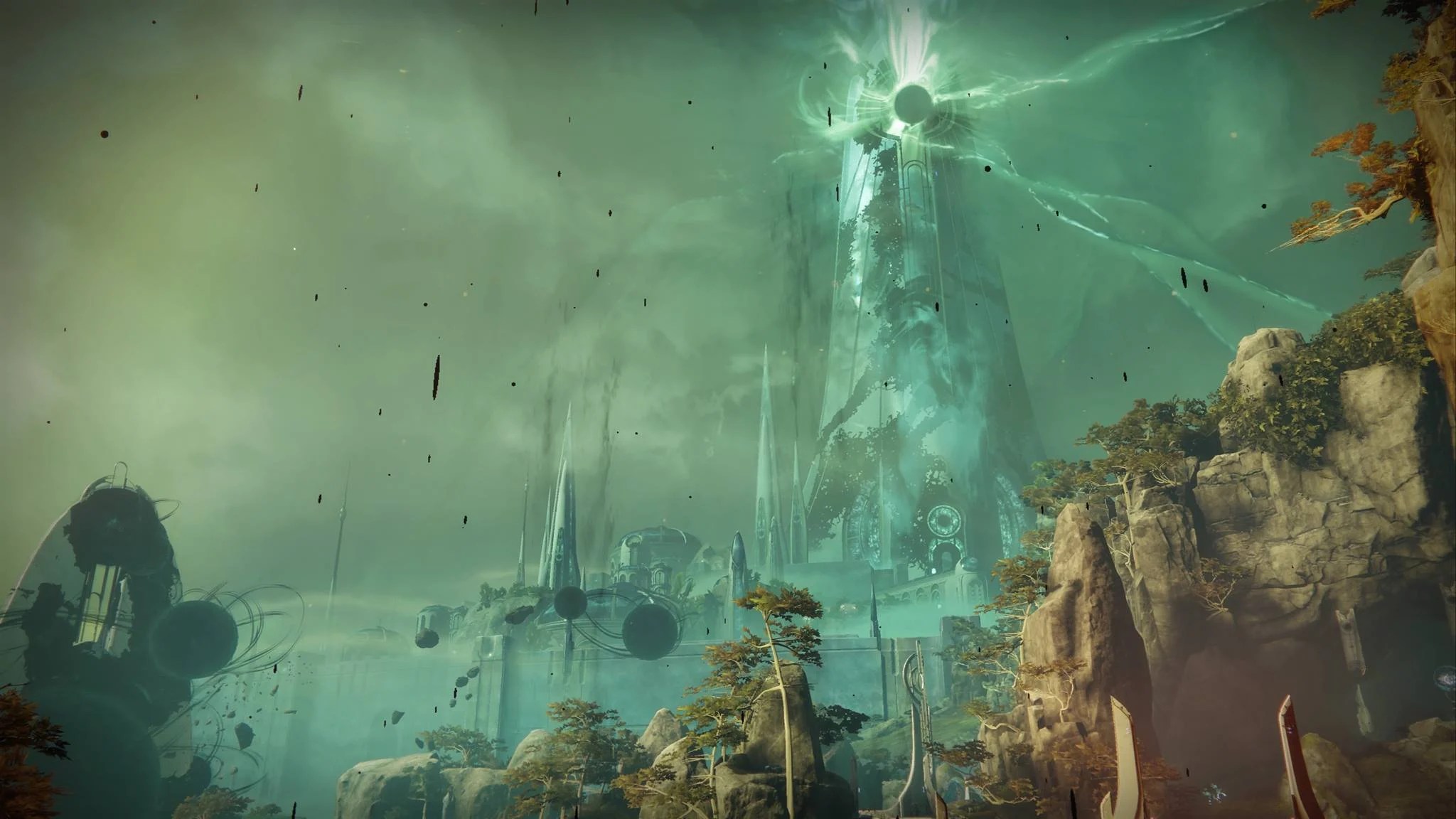 The Dreaming City, a high fantasy white tower with dark streaks and blister like orbs of corruption all over it.