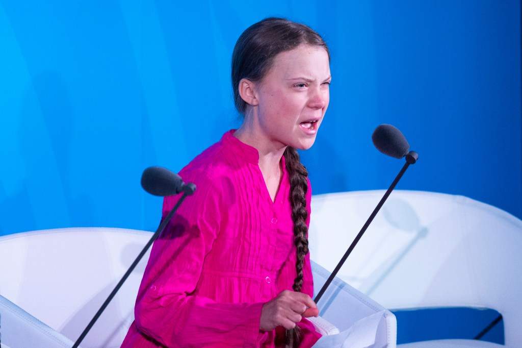 Greta Thunberg onstage at the United Nations.