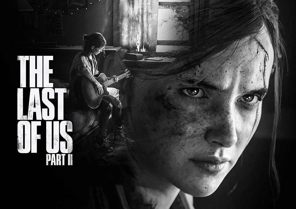 Key art for The Last of Us Part II, black and white image of protagonist Ellie, a white woman with brown hair. Her brow is furrowed and she's bleeding from a cut on her forehead. to the left of her head is an inset image of her sitting on a bed playing a