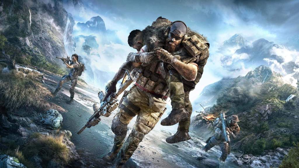 Key Art from Ghost Recon: Breakpoint, Three people are walking down a river with mountains in the background. Center, a white man with a large beard and sunglasses, wearing military gear, carrying another man on his shoulders. Flanking and further behind