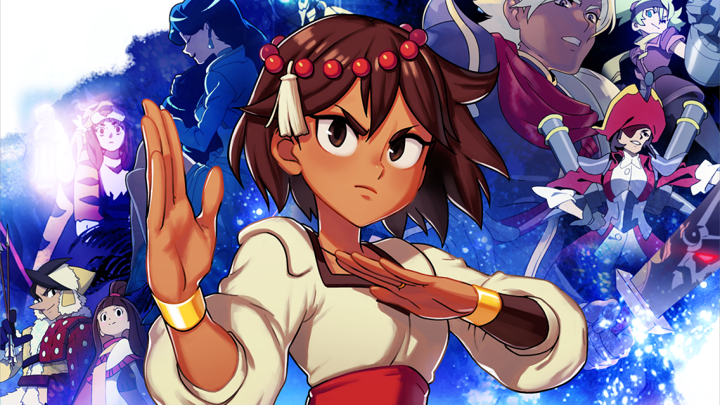 Indivisible key art. Main character Ajna, a woman with brown skin and brown hair, wearing a white top cinched with a red ribbon at her waist and gold wristbands, with many of the games supporting characters in the background.