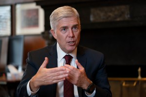 Justice Neil Gorsuch, speaks during an interview in his chambers at the Supreme Court in Washington.