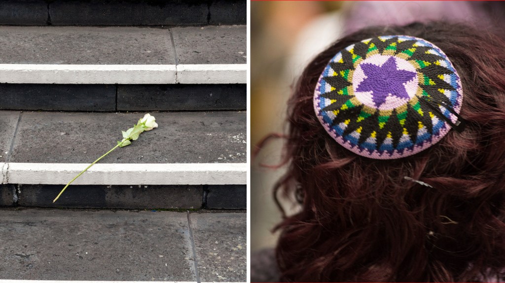 Terror in Halle: Links eine weiße Rose, rechts der Kopf eines Menschen mit Kippa