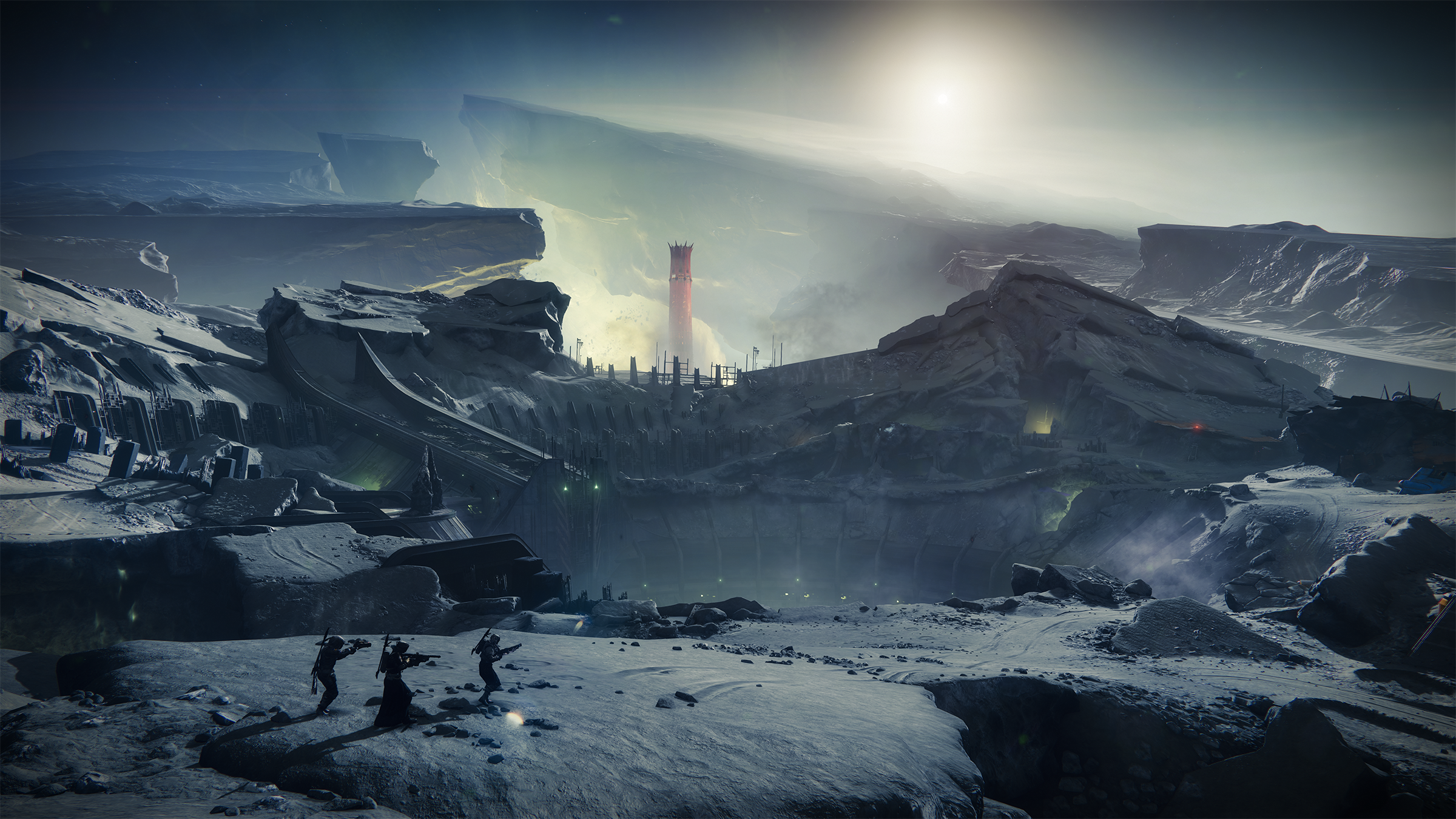 Screenshot of the Hellmouth in Destiny 2. The surface of the Moon in Destiny 2: Shadowkeep, with a large hole dug into it. In the background, a single red tower from the Scarlet Keep.