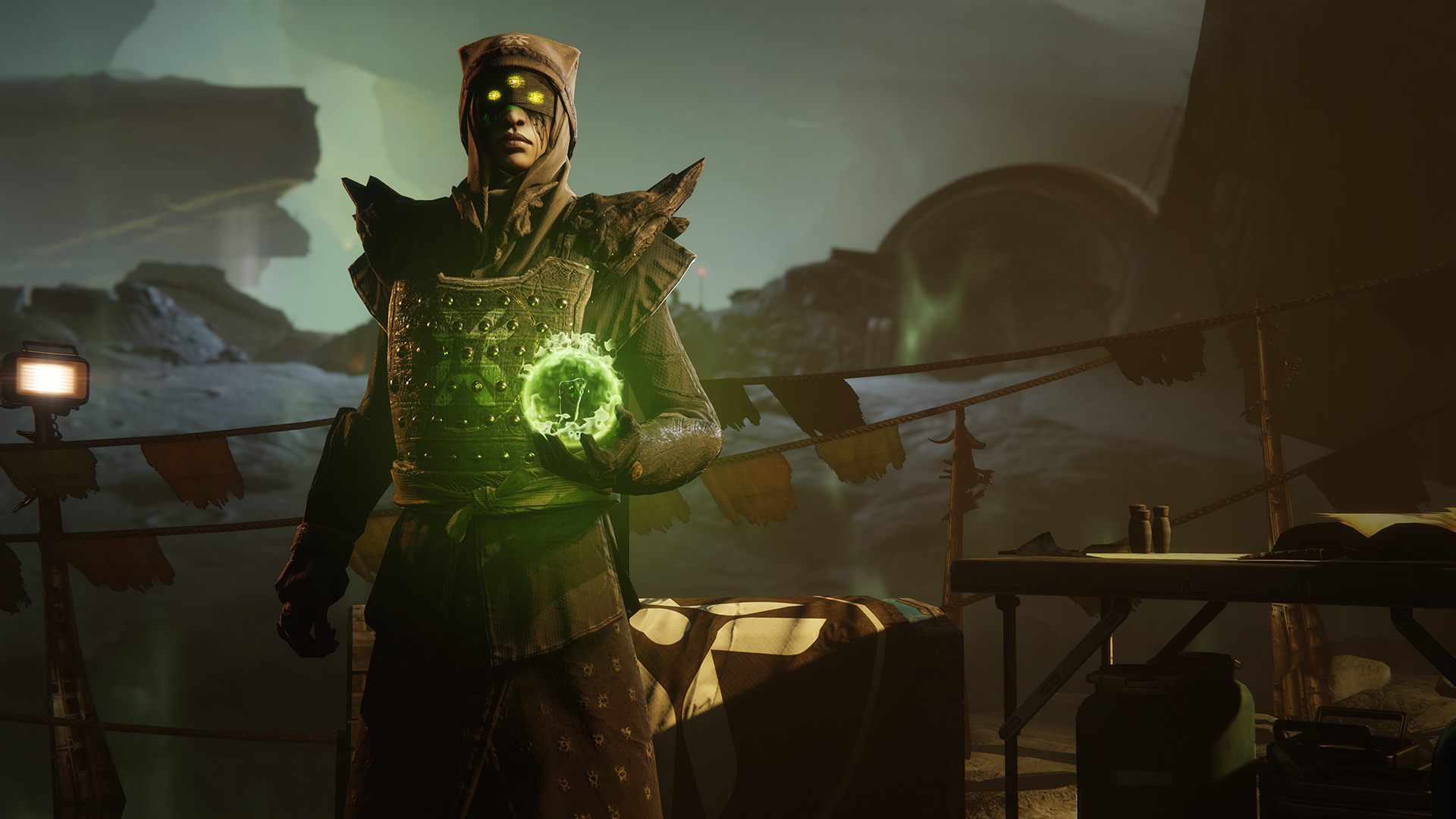 Screenshot from Destiny 2: Shadowkeep, Eris Morn, a white woman wearing dark brown clothing, studded leather breastplate and spiky rock like pauldrons, with a dark veil over her three green glowing eyes. A constant stream of black tears flows from them.