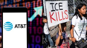 photo of AT&T logo on phone and child holding a sign at an ICE protest that reads "ICE kills"