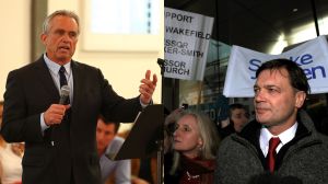 Left: Robert F. Kennedy Jr. speaks at a conference. Right: Andrew Wakefield is pictured at a rally with his supporters.