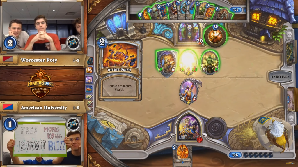 Blizzard bans three college Hearthstone protesters banned for six months from competitive play.