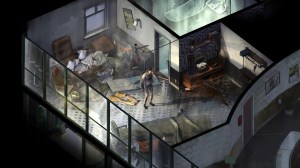 Screenshot from Disco Elysium, A white male wearing just a pair of briefs stands in a decrepit apartment, with clothes and items strewn everywhere