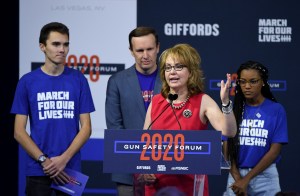 Former U.S. Rep. Gabrielle Giffords, flanked by (L-R) March for Our Lives Co-Founder David Hogg, U.S. Sen. Chris Murphy (D-CT) and March for Our Lives board member Ariel Hobbs, speaks during the 2020 Gun Safety Forum hosted by gun control activist groups