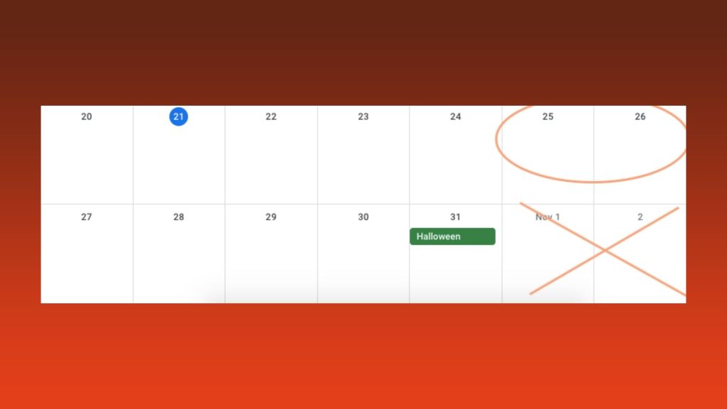 A calendar with the right dates for Halloween circled and the wrong crossed out