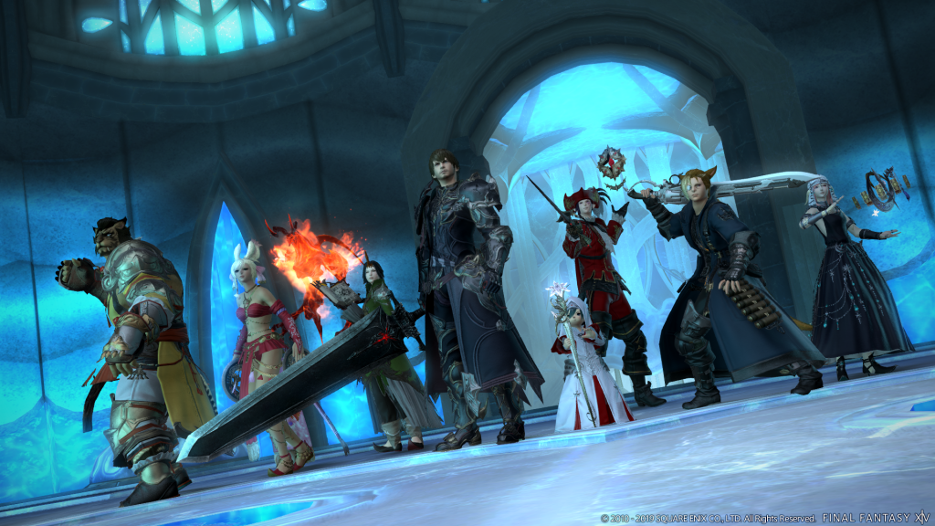 Screenshot from Final Fantasy XIV: Shadowbringers. A party of adventurers pose in a battle ready formation.