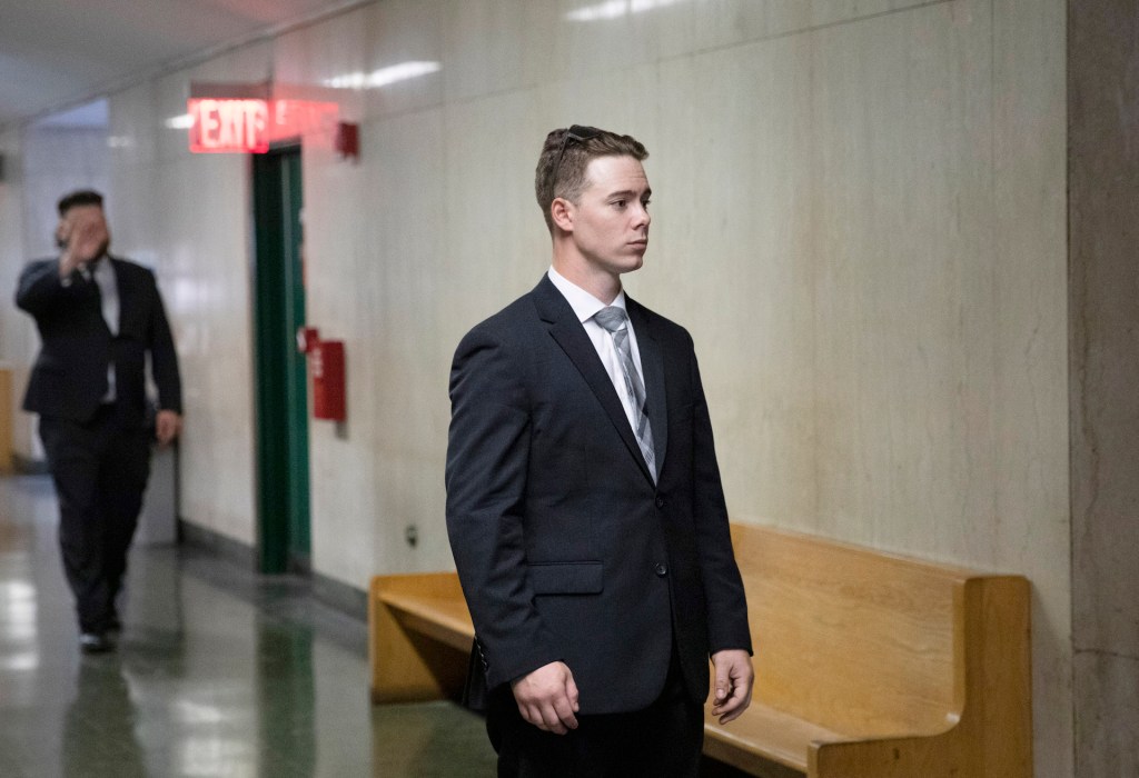 Maxwell Hare, left, and John Kinsman, arrive at court, Wednesday, July 31, 2019 in New York. The two members of the far-right Proud Boys group are on trial this week for their roles in a violent clash with left-wing protesters in New York. (AP Photo/Mark