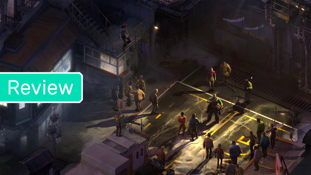 A crowd gathers on the streets of Disco Elysium in this Waypoint review