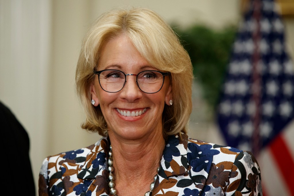 Education Secretary Betsy DeVos speaks during a school choice event in the Roosevelt Room of the White House in Washington.