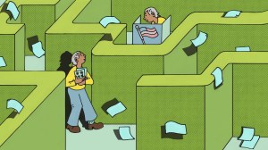 A man in a maze sees himself voting from across it