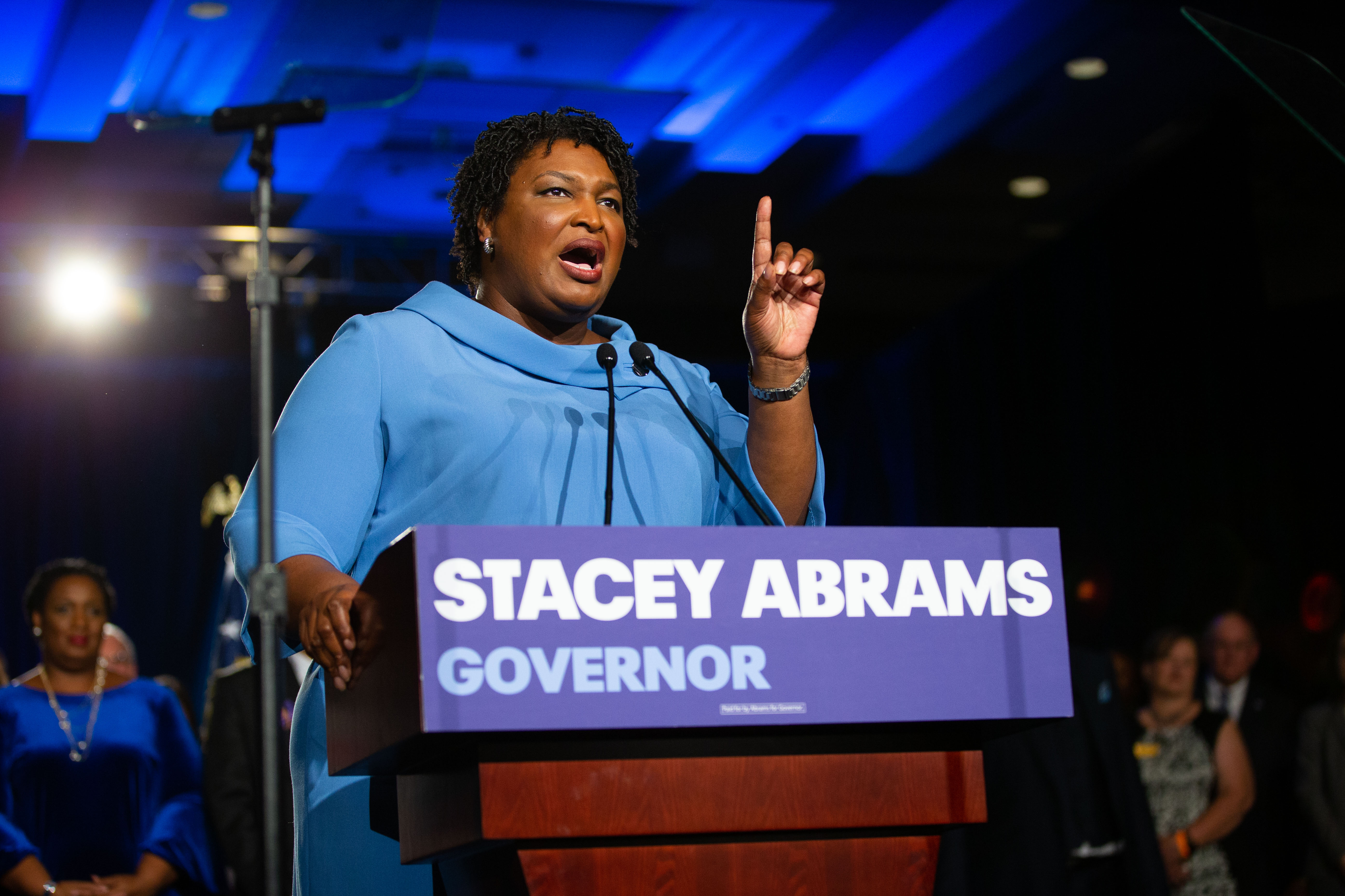 Stacey Abrams speaking during an election night rally