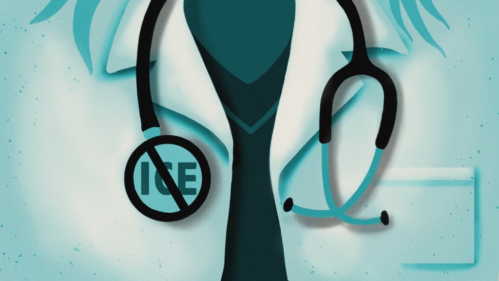 An illustration of a doctor with an anti-ICE pin.