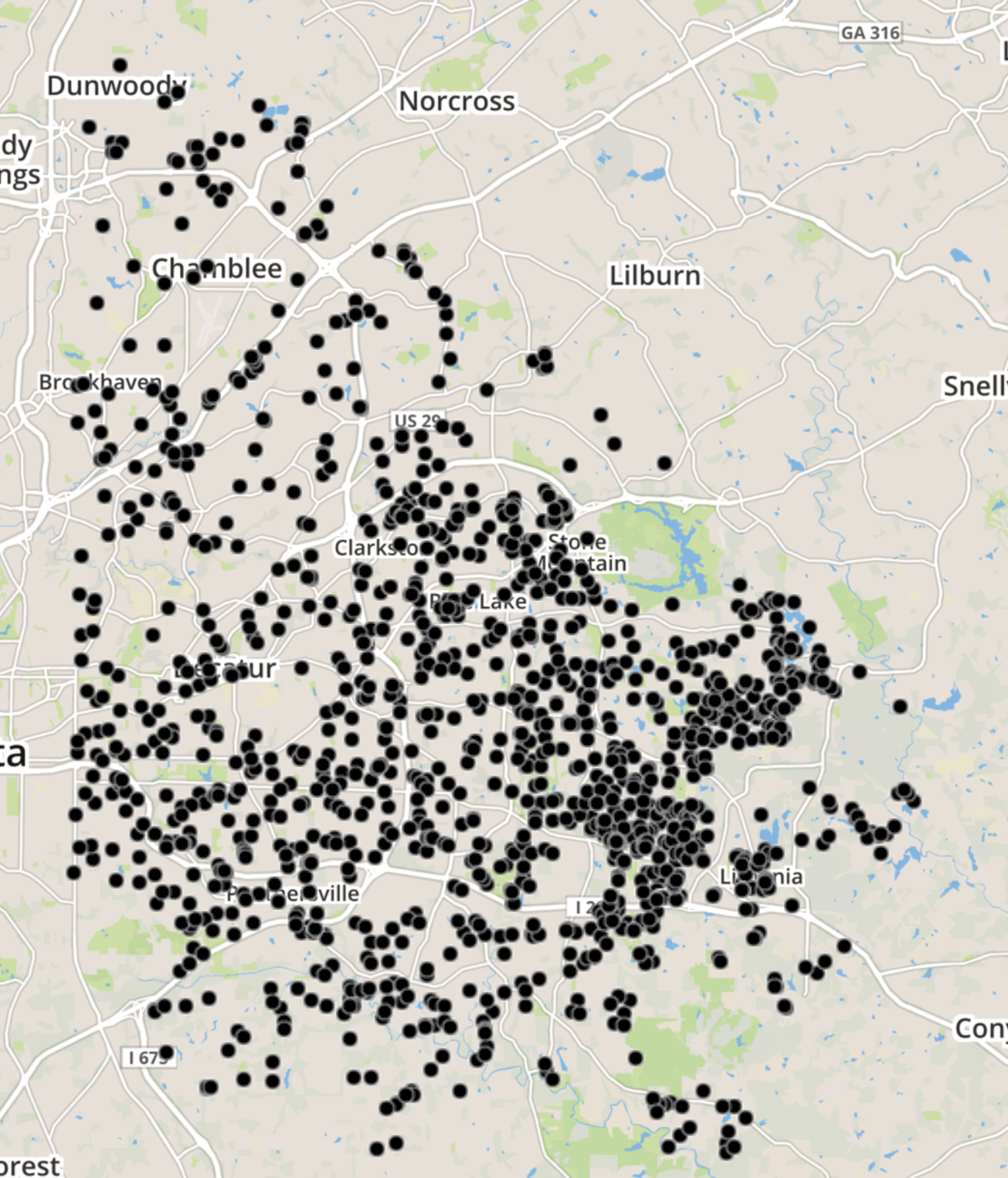 A map of DeKalb county showing where provisional ballots were filed