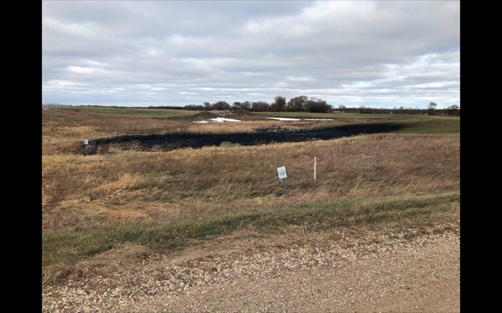 This Wednesday, Oct. 30, 2019 photo provided by the North Dakota Department of Environmental Quality shows affected land from a Keystone oil pipeline leak near Edinburg, North Dakota. Regulators said TC Energy's Keystone pipeline leaked an estimated 383,0