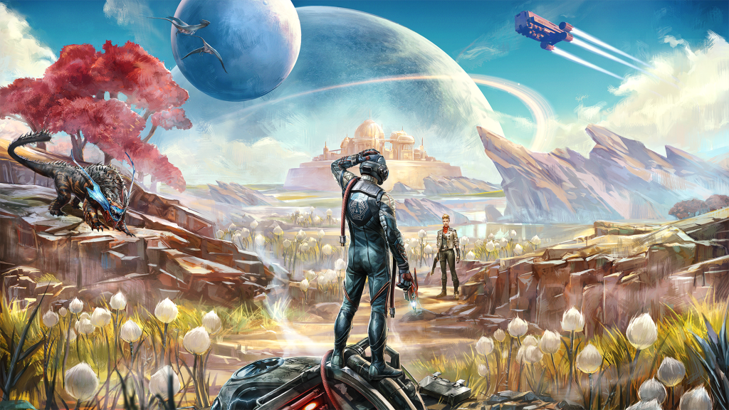 Key Art for The Outer Worlds, a person in a space suit stands on the wreckage of a space ship on an alien world. In the distance, a shining city is famed by a nearby ringed planet.